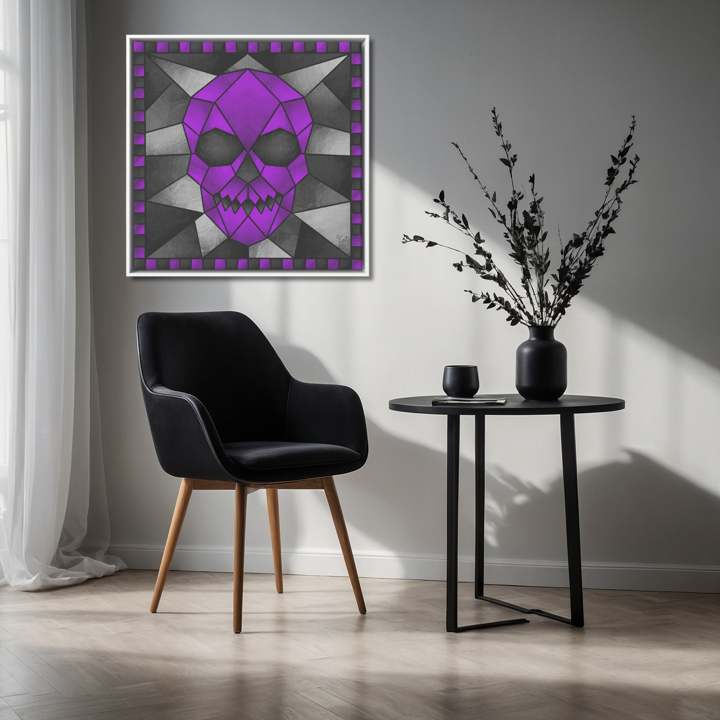 Stained Glass Geometric Purple Skull | Artist Signature | Square Framed Canvas