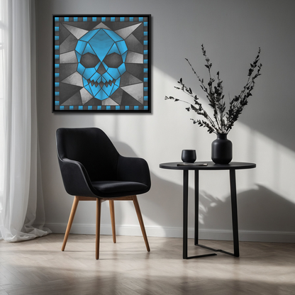 Stained Glass Geometric Blue Skull | Artist Signature | Square Framed Canvas