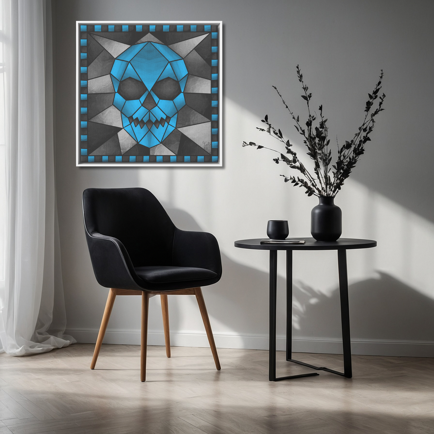 Stained Glass Geometric Blue Skull | Artist Signature | Square Framed Canvas