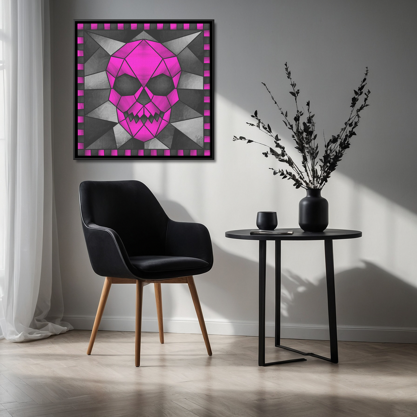 Stained Glass Geometric Pink Skull | Artist Signature | Square Framed Canvas