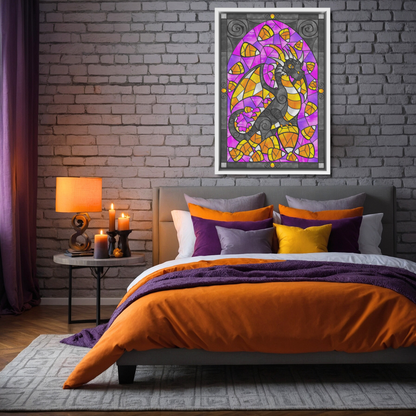 Stained Glass Candy Corn Dragon | Artist Signature | Rectangle Framed Canvas Wrap