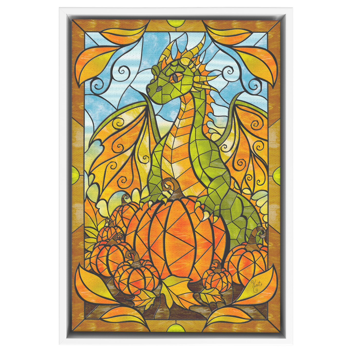 Stained Glass Pumpkin Autumn Dragon | Artist Signature | Rectangle Framed Canvas