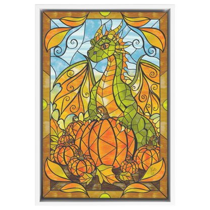 Stained Glass Pumpkin Autumn Dragon | Artist Signature | Rectangle Framed Canvas