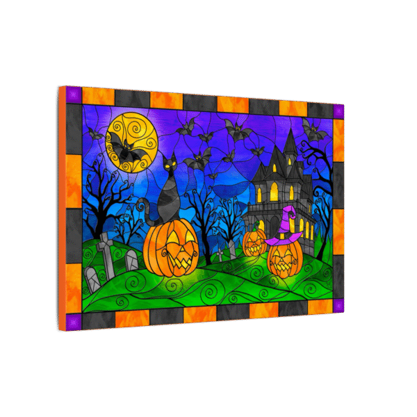Stained Glass Halloween Haunted House Landscape – Original Digital Artwork on Canvas
