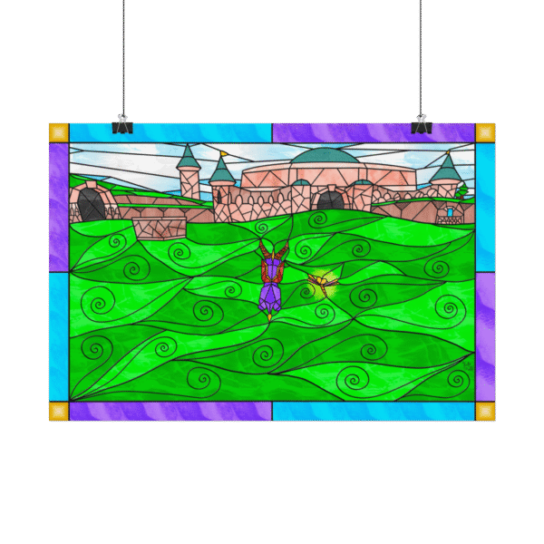 Stained Glass Gamer Dragon Landscape - Stone Hill - Original Digital Artwork on Poster