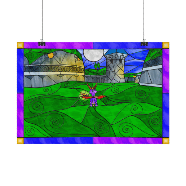 Stained Glass Gamer Dragon Landscape – Dark Hollow – Original Digital Artwork on Poster