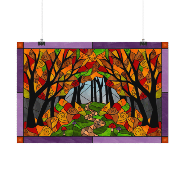 Stained Glass Enchanted Autumn Forest Landscape – Original Digital Artwork on Poster