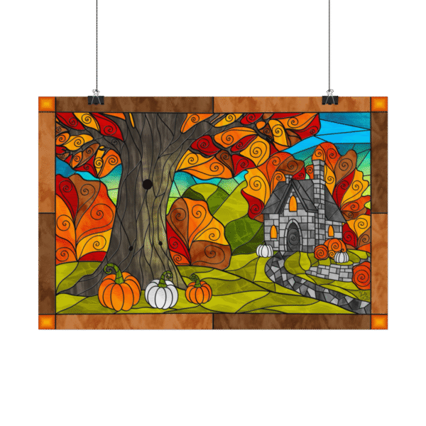 Stained Glass Pumpkin Cottage Landscape – Original Digital Artwork on Poster