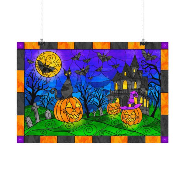 Stained Glass Halloween Haunted House Landscape – Original Digital Artwork on Poster