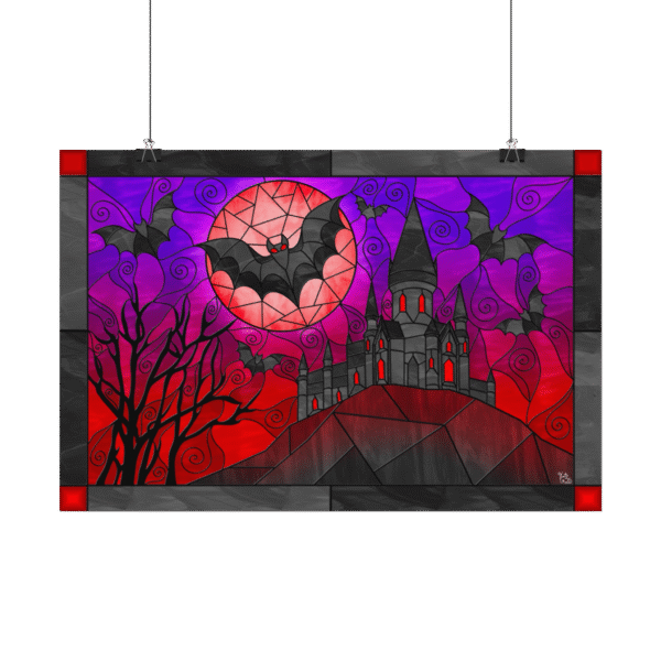 Stained Glass Vampire Bats & Castle Landscape - Original Digital Artwork on Poster