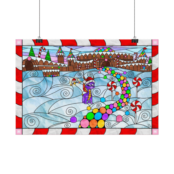 Stained Glass Gamer Dragon Christmas Landscape – Gingerbread Hill – Original Digital Artwork on Poster