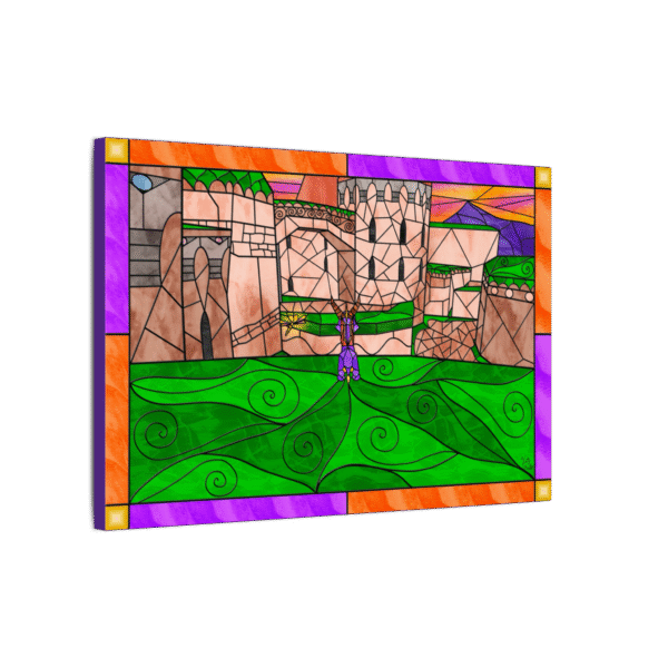 Stained Glass Gamer Dragon Landscape – Town Square - Original Digital Artwork on Canvas