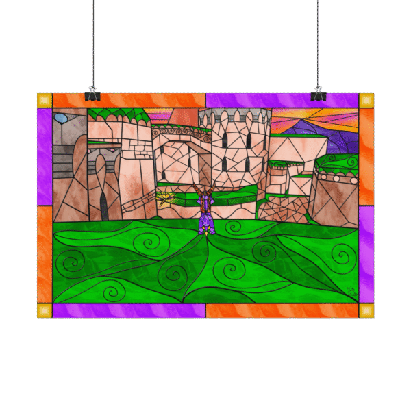 Stained Glass Gamer Dragon Landscape – Town Square – Original Digital Artwork on Poster