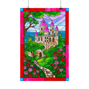 Stained Glass Rose Garden Castle Landscape – Original Digital Artwork on Poster