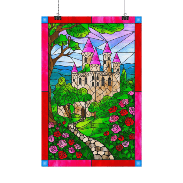 Stained Glass Rose Garden Castle Landscape - Original Digital Artwork on Poster