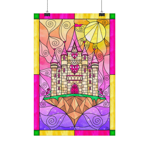 Stained Glass Floating Heart Castle Landscape – Original Digital Artwork on Poster