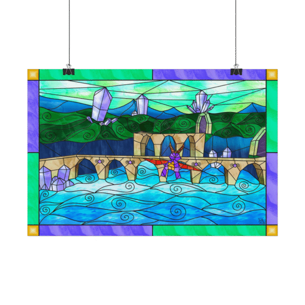 Stained Glass Gamer Dragon Landscape - Sunny Flight - Original Digital Artwork on Poster