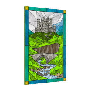 Stained Glass Green Country Castle Vertical Landscape - Original Digital Artwork on Canvas