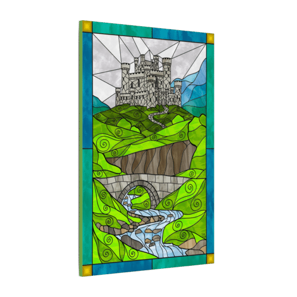 Stained Glass Green Country Castle Vertical Landscape - Original Digital Artwork on Canvas