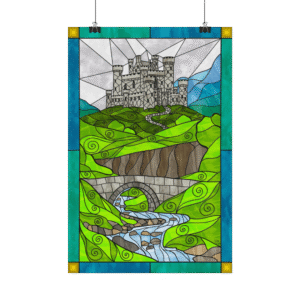 Stained Glass Green Country Castle Landscape – Original Digital Artwork on Poster