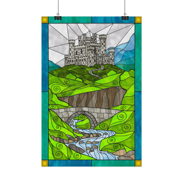 Stained Glass Green Country Castle Landscape – Original Digital Artwork on Poster