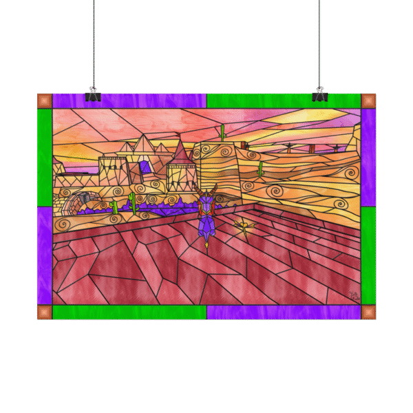 Stained Glass Gamer Dragon Landscape - Cliff Town - Original Digital Artwork on Poster