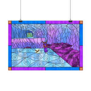 Stained Glass Gamer Dragon Landscape - Ice Cavern - Original Digital Artwork on Poster